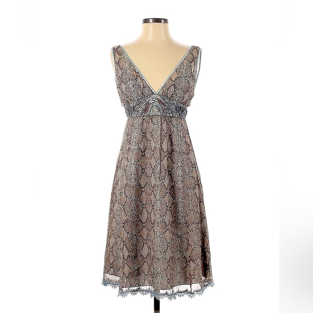 Rebecca Taylor Snake Print Beaded Lace V-Neck Plunge Dress Beige Blue size 4